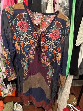 Johnny Was Navy and Burgundy Embroidered Boho Tunic